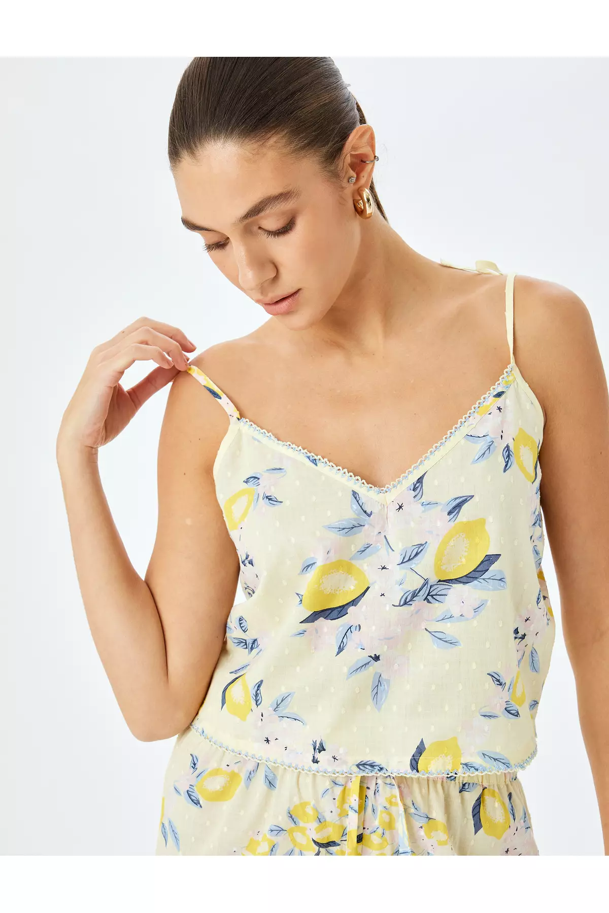 V領幼帶檸檬印花棉質睡衣上衣