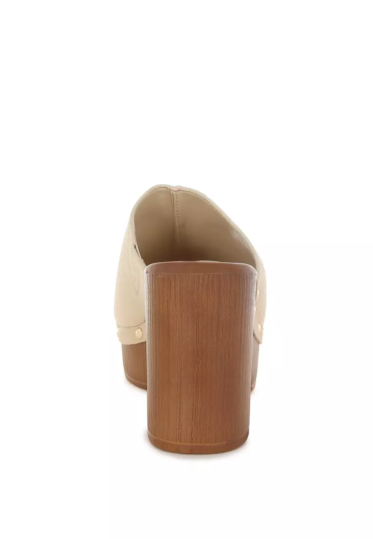 Soft Suede Leather Wooden Clogs In Beige