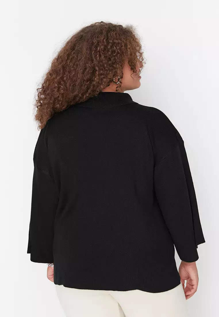 Black Polo Collar Zipper Detailed Knitwear Sweater Tbbaw23An00056