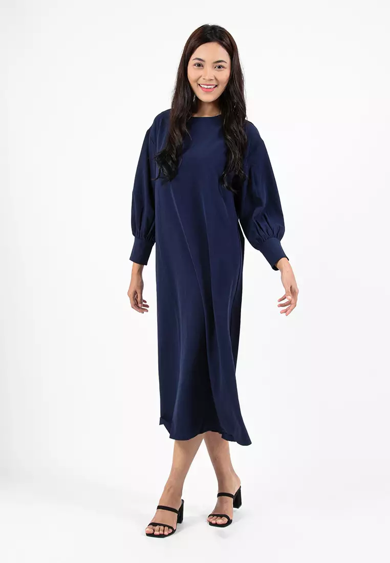 Forest x Hatta Dolmat Ladies Woven Plain Textured Cuffed Long Sleeve Midi Dress - 885069-33Navy