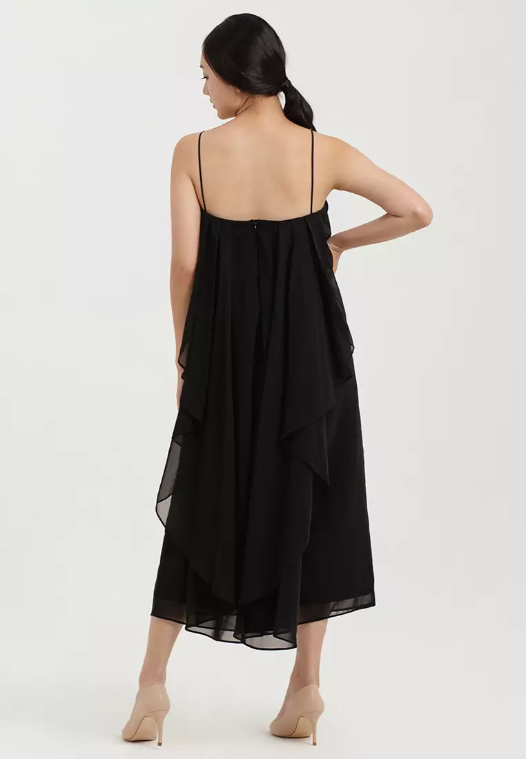 Waterfall Chiffon Midi Dress in Black