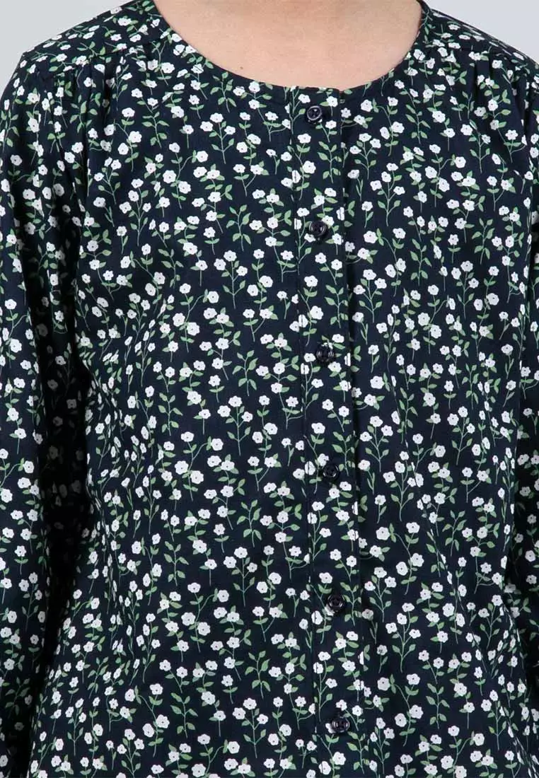 Forest Kids Girls Floral Pattern Cotton Button Blouse Woven Long Sleeve Top - FK820084-30DkBlue
