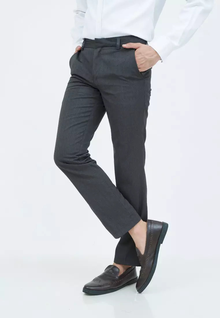 Celana panjang slim fit pria kerja formal garis halus hitam houseofcuff
