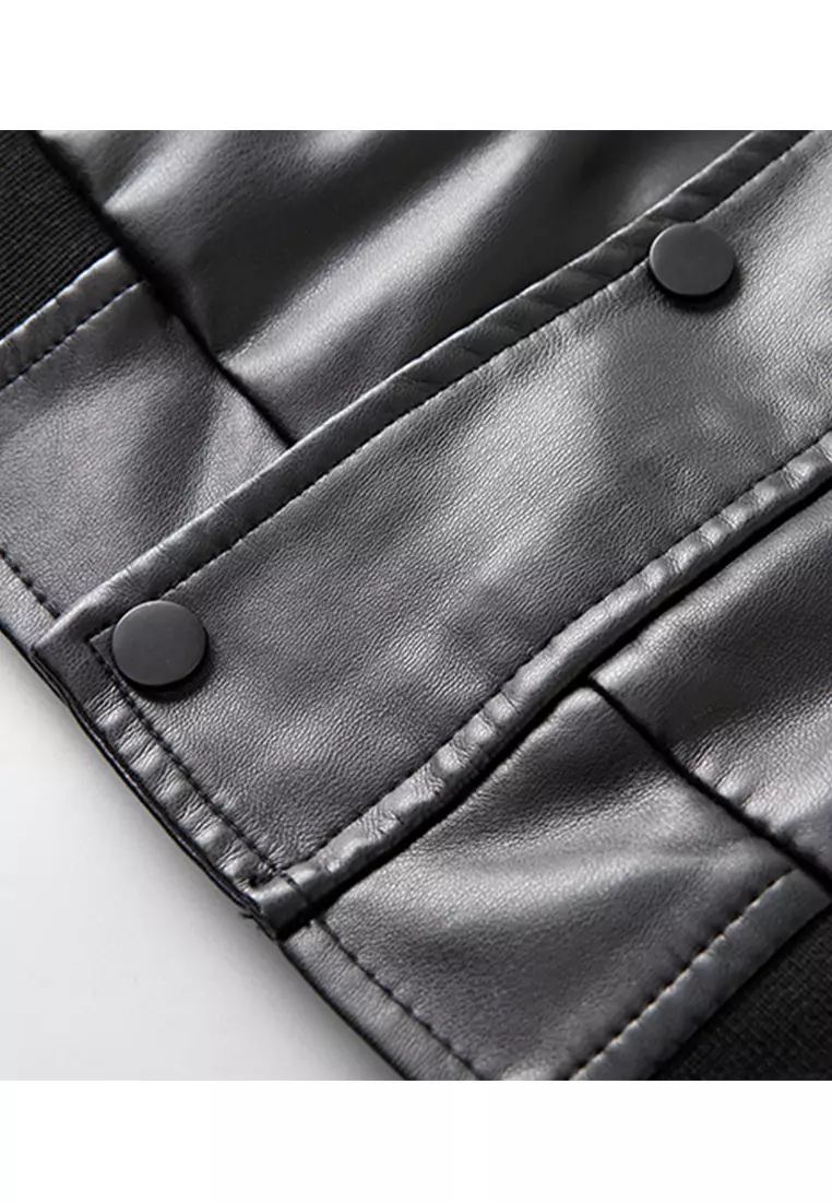 Thick Faux Leather Stand Collar Jacket MJ6803-1