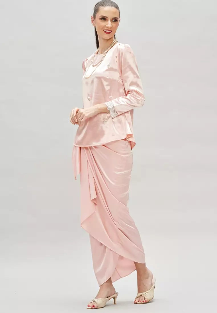 Pink Faux Pearl Diamond Beaded Top & Satin Wrap Skirt Modern Baju Kurung