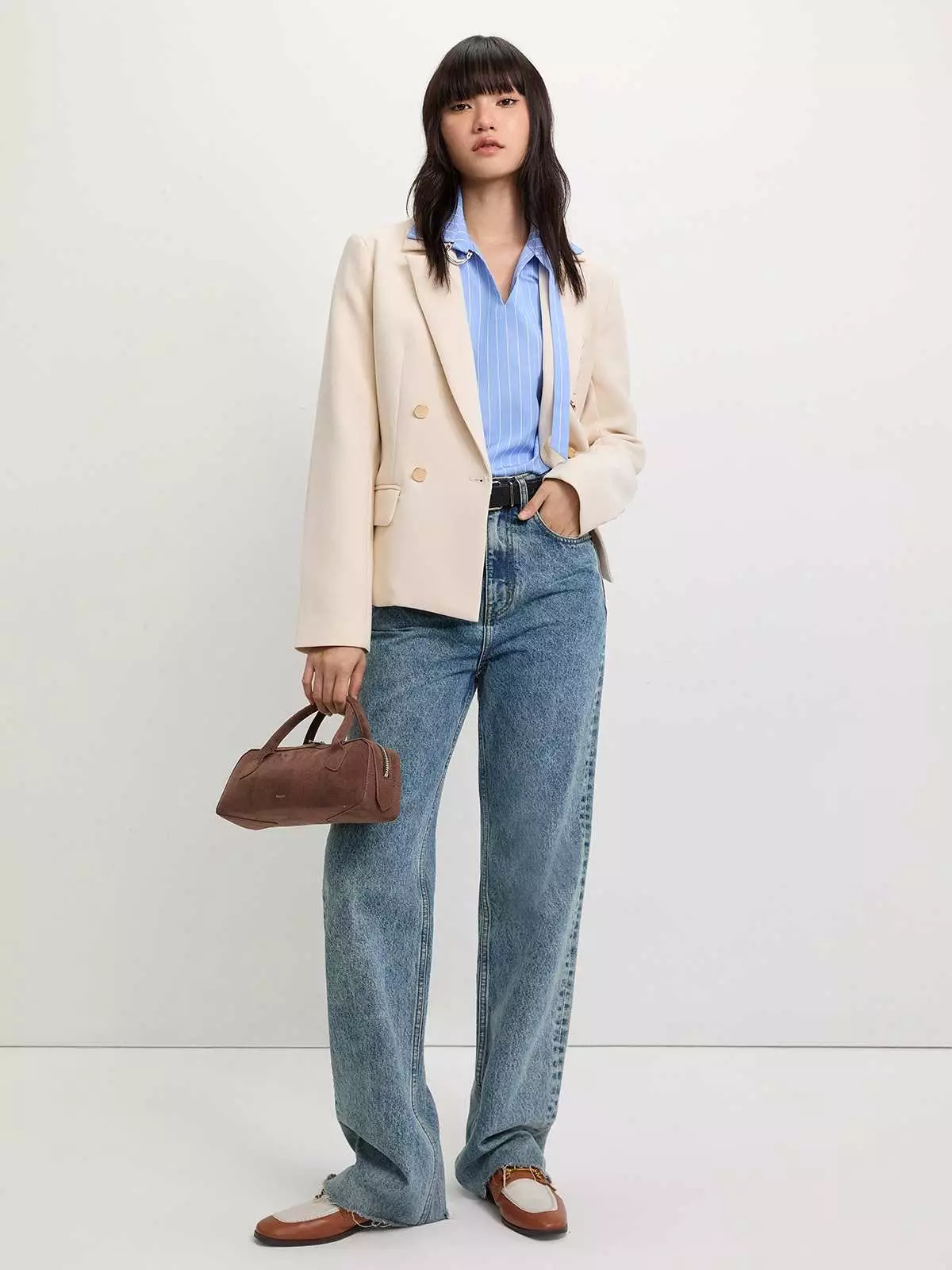 Striped Belted Blouse - Baby Blue