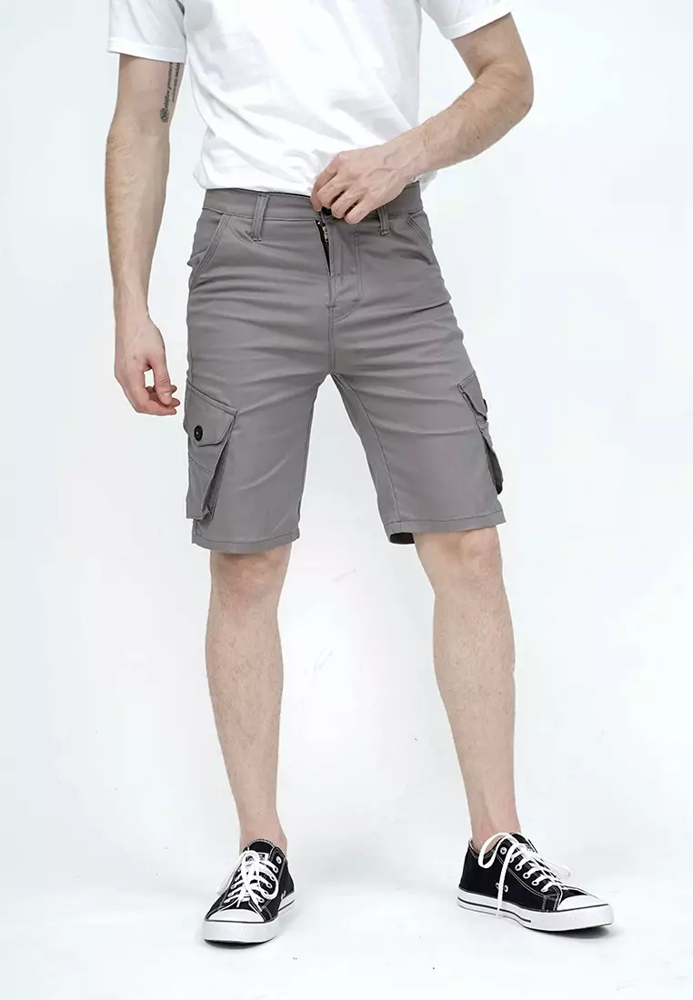 Celana pendek kargo pria cargo pants slim fit melar stretch houseofcuff abu tua