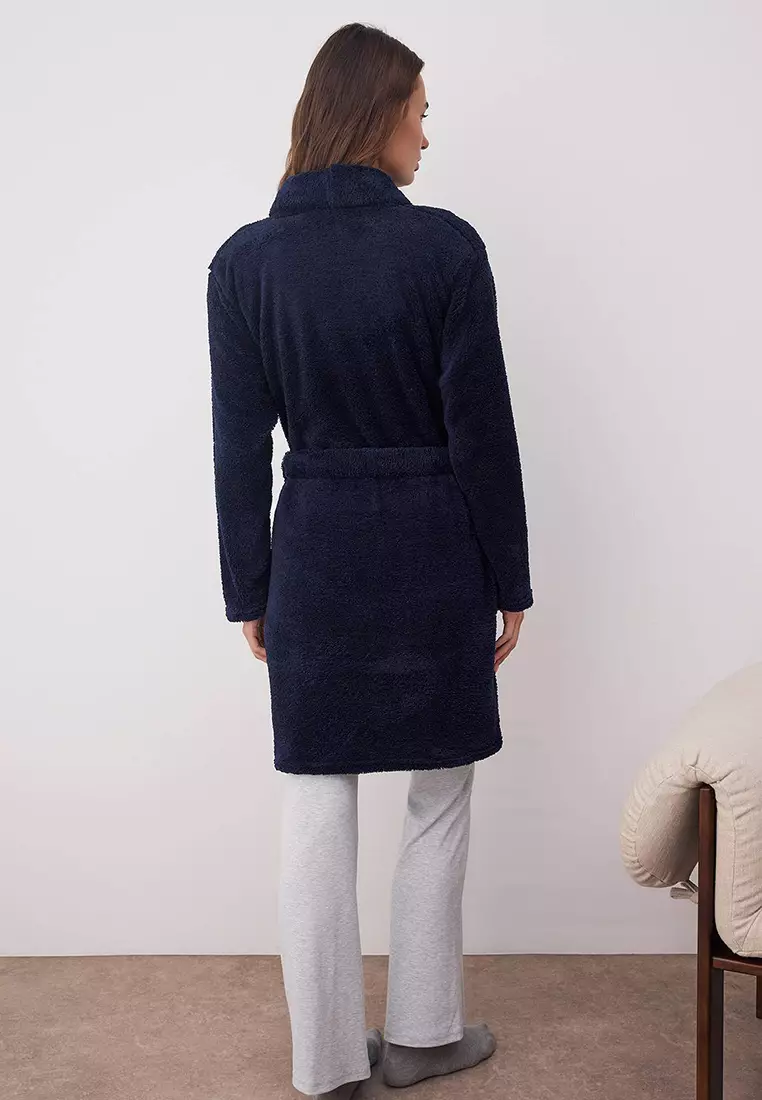 Navy Blue Belted Wellsoft Winter Knitted Dressing Gown Thmaw23Sb00000