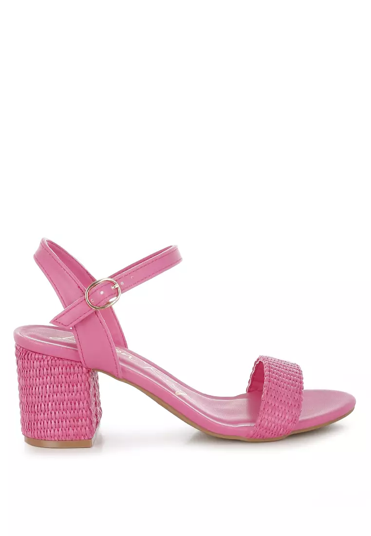 Raffia Pin Buckle Block Heels In Fuchsia