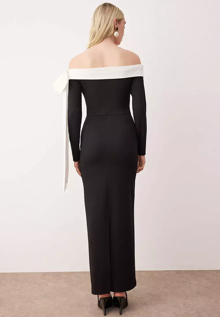 Bow Detailed Knitted Crepe Maxi Unlined Chic/Evening Dress