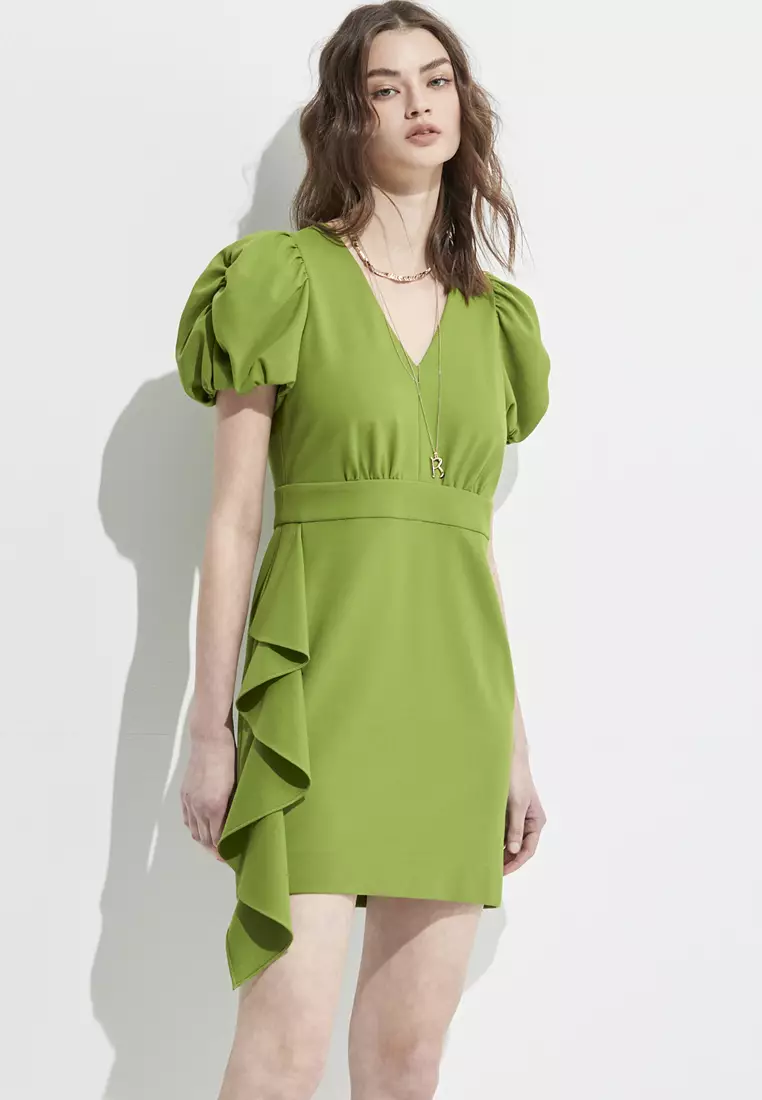 V-Neck Fitted Short Dress With Ruffle Detail