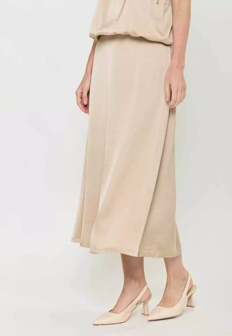 Madilynn A-Line Gartered Satin Maxi Skirt