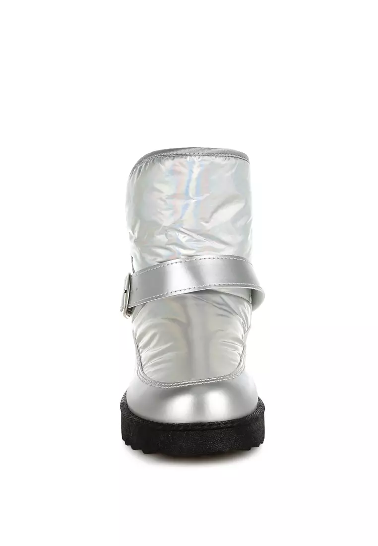 Buckle Strap Puffy Ankle Boots in Silver