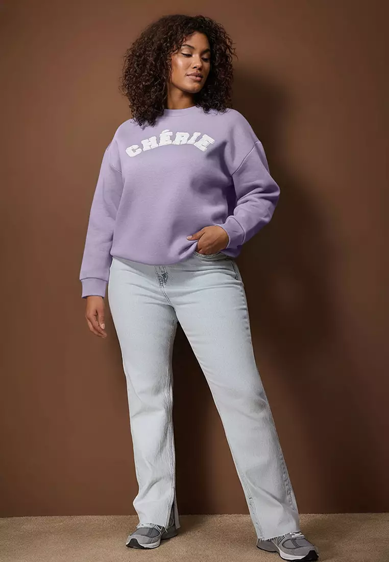 Purple Thick Fleece Inside O Oversized Slogan Embroidered Knitted Oversized Sweatshirt Tbbaw26Ao00008