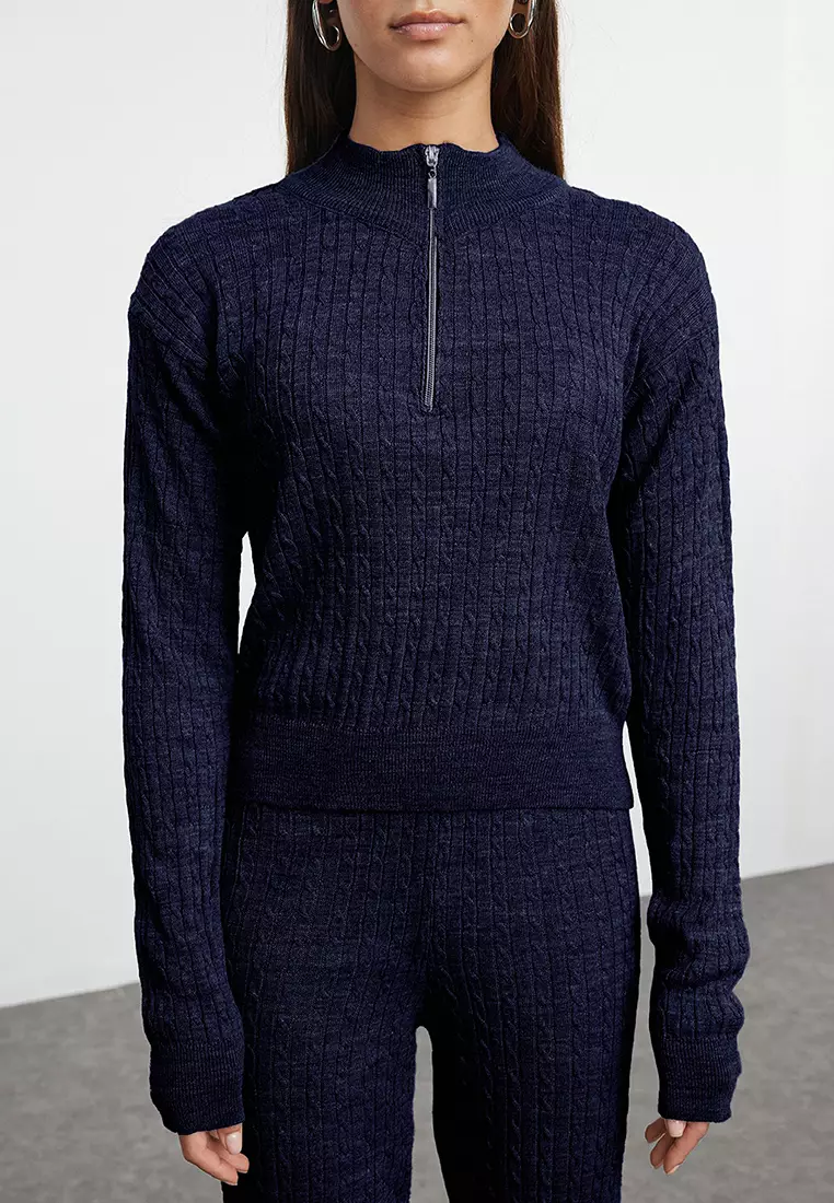 Navy Blue Zippered Sweater-Pants Knitwear Bottom-Top Set TWOAW25AU00059