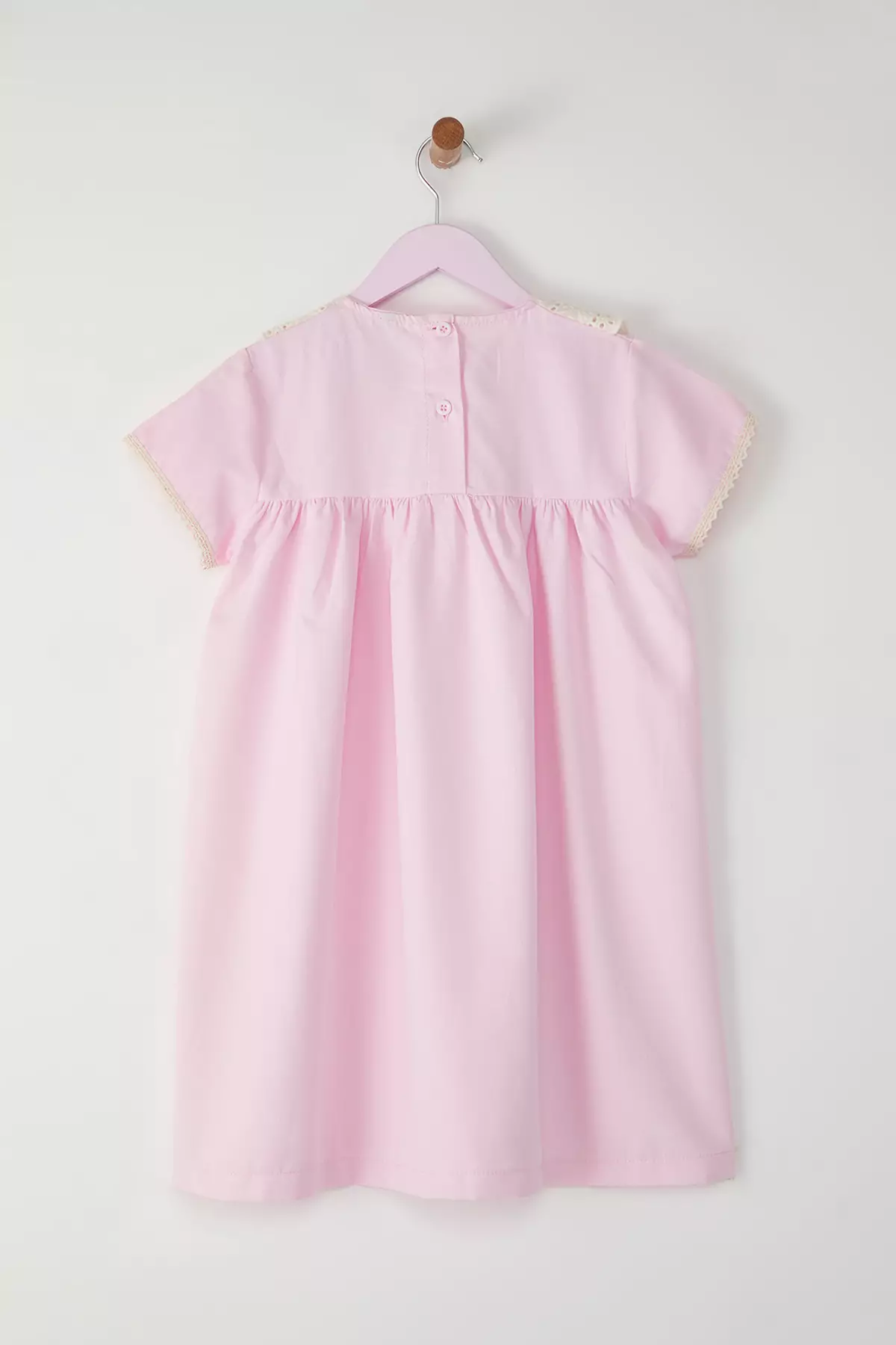 Pink Girl's Cotton Brode Detailed Short Sleeve Mini Knitted Dress Tkdss25El00020