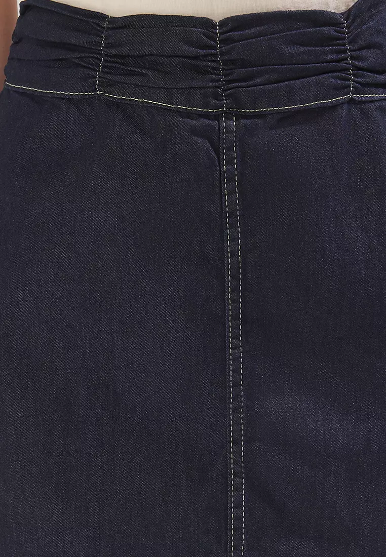 Dark Blue Pleated High Waist Mini Denim Skirt