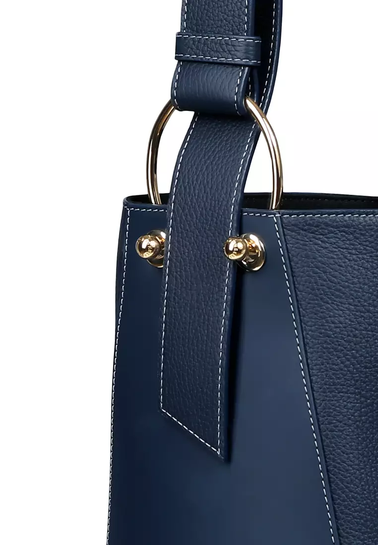 Strathberry Lana Midi Patchwork Leather Bucket Bag, Navy