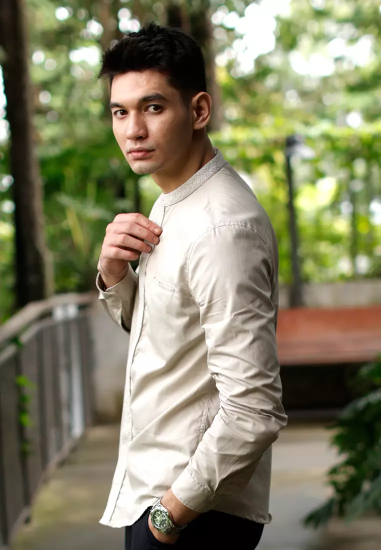 OXCON Kemeja Tangan Panjang koko bordir embrodiery collarless shirt Khakis