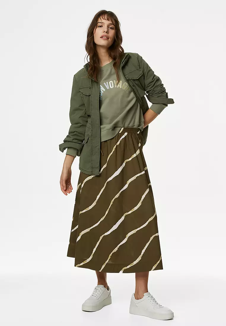 Pure Cotton Printed Midi A-Line Skirt