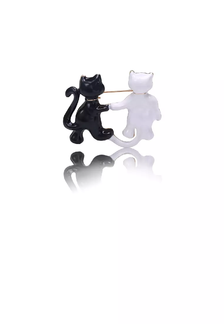 Simple Lovely Plated Gold Enamel Black and White Cat Brooch