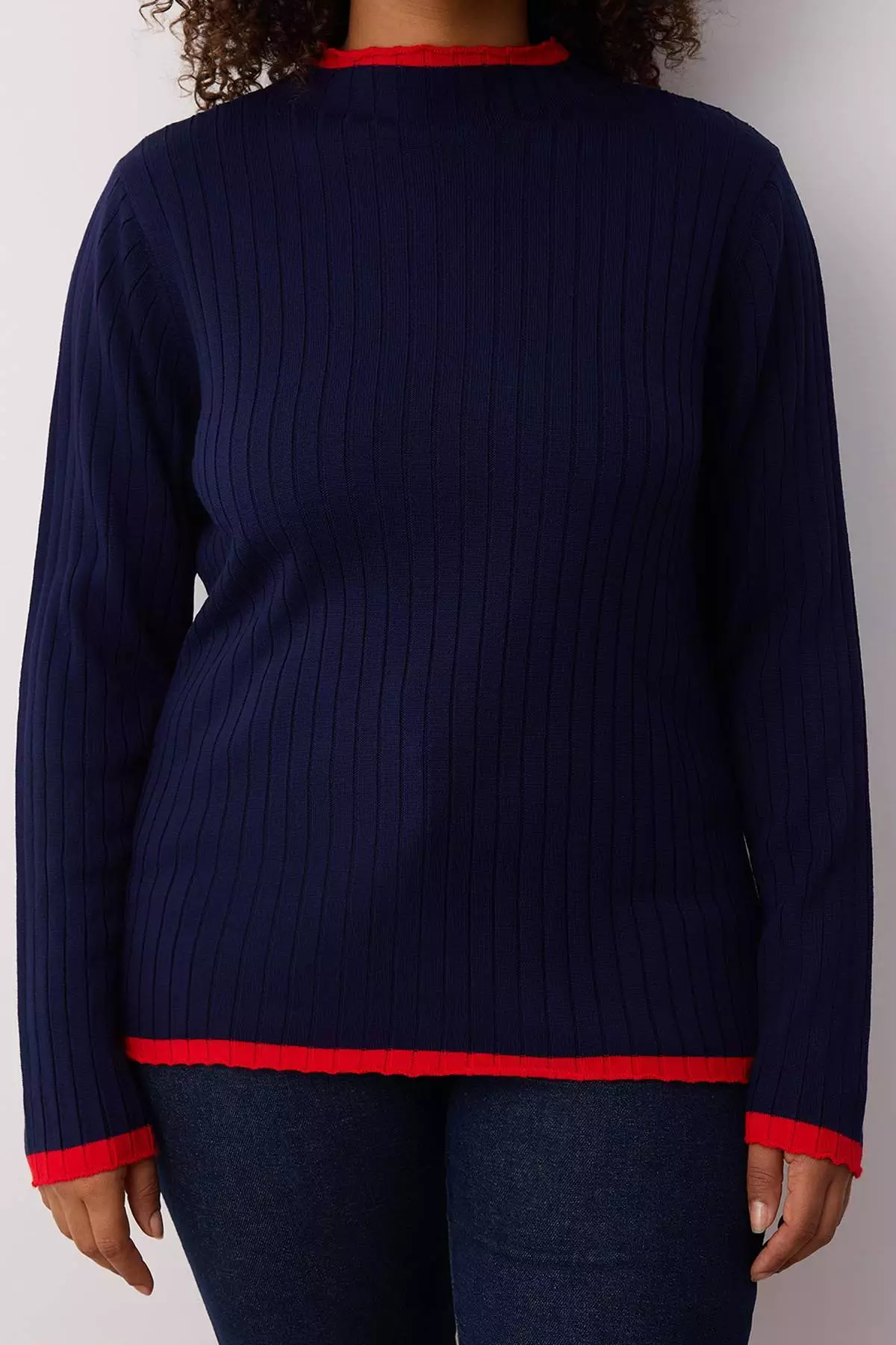 Navy Blue Corded Collar Detailed Knitwear Sweater Tbbaw24An00029