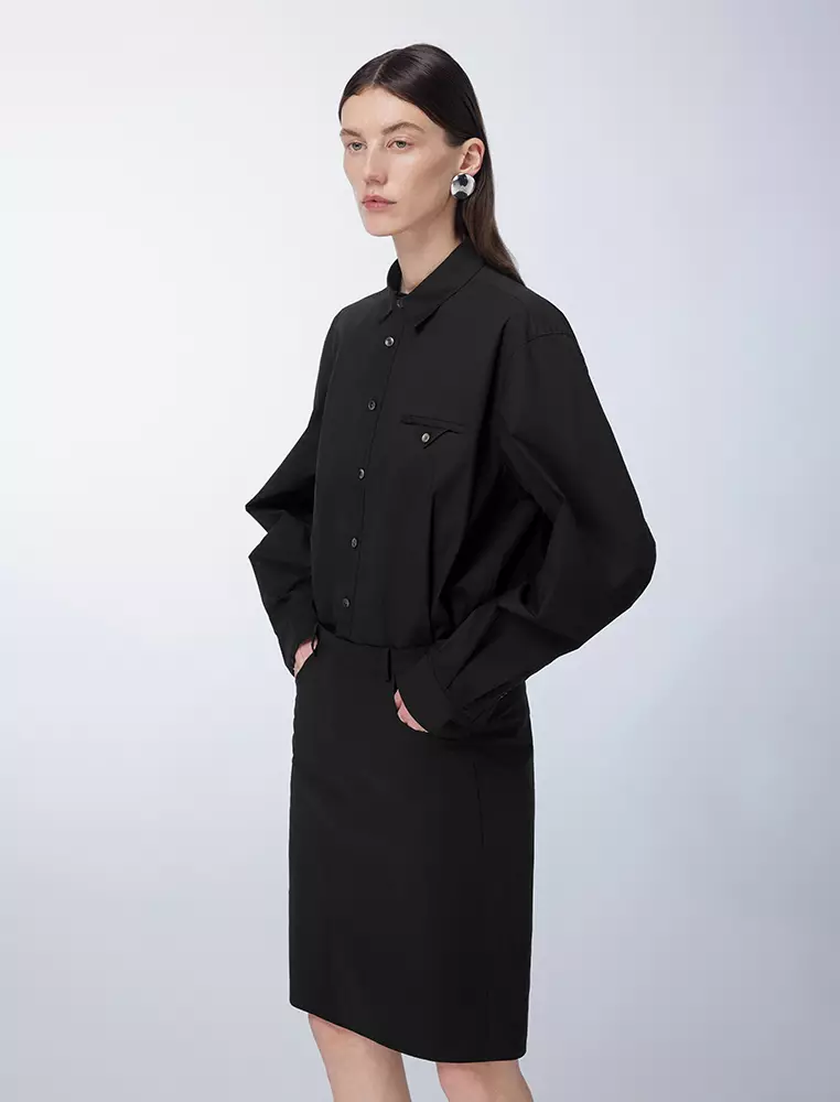 纯色衬衫领长袖连衣裙