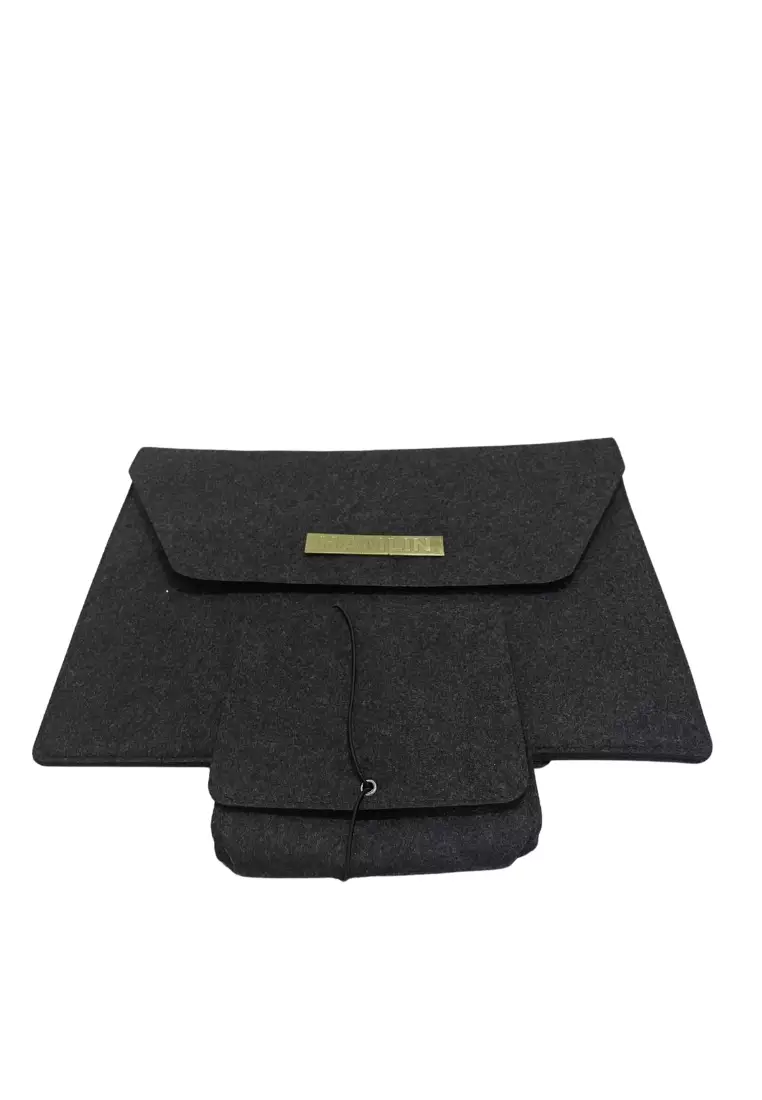 Quenty Sleeve Case Laptop With Pouch Unisex 13 Inch Big Storage Material Felt Suede Leather ORGINAL - Black