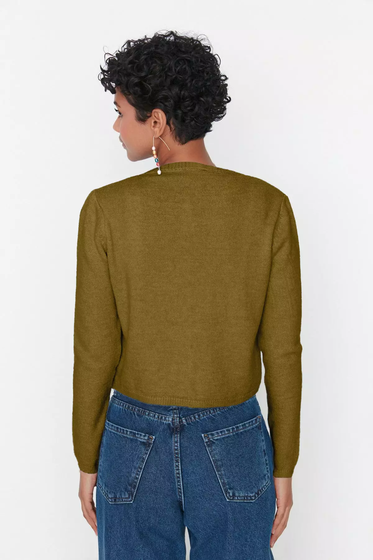 Khaki Crop Soft Textured 2 Piece Blouse Cardigan Knitwear Set