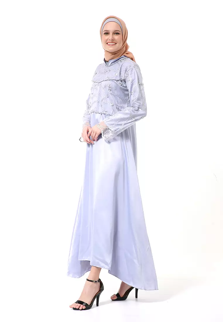 Erica Gamis Dress Muslimah Lengan Panjang Aksen Mutiara Fashion Wanita - Grey
