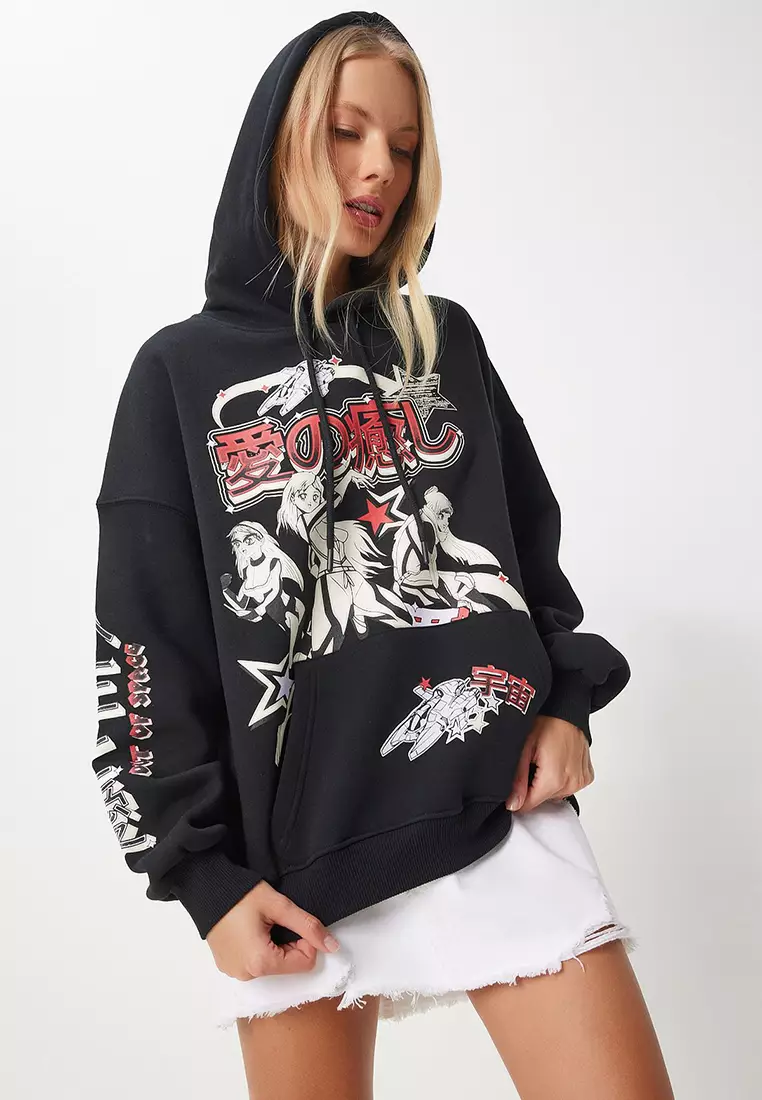 Printed Hooded Raised Knitted Sweatshirt
