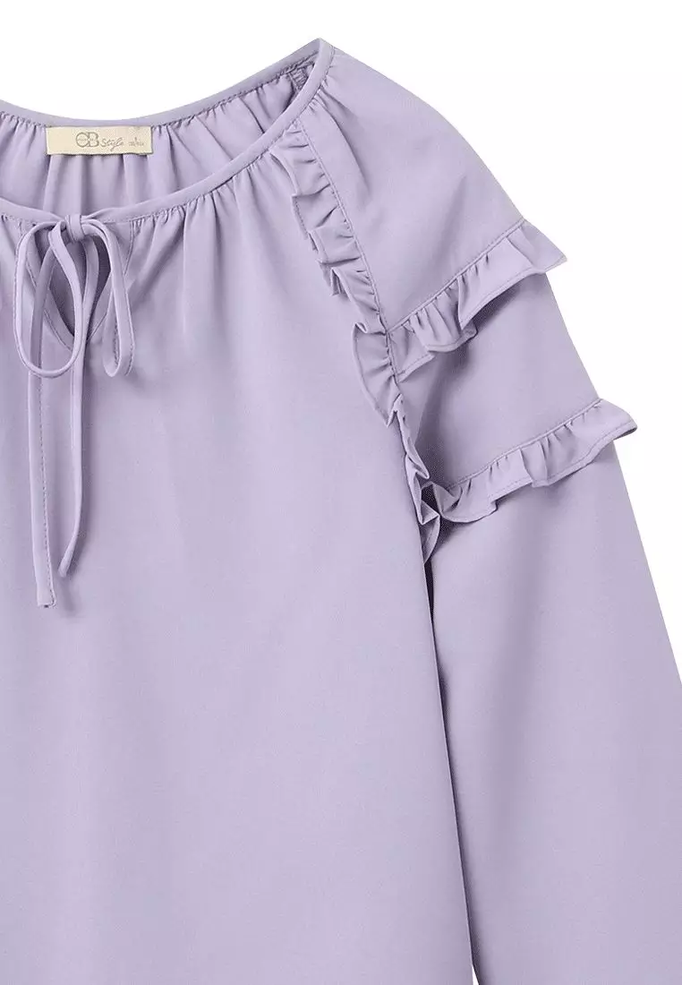 Sweet Bow Tie Ruffle Trim Long Puff Sleeve Top [AB17751]