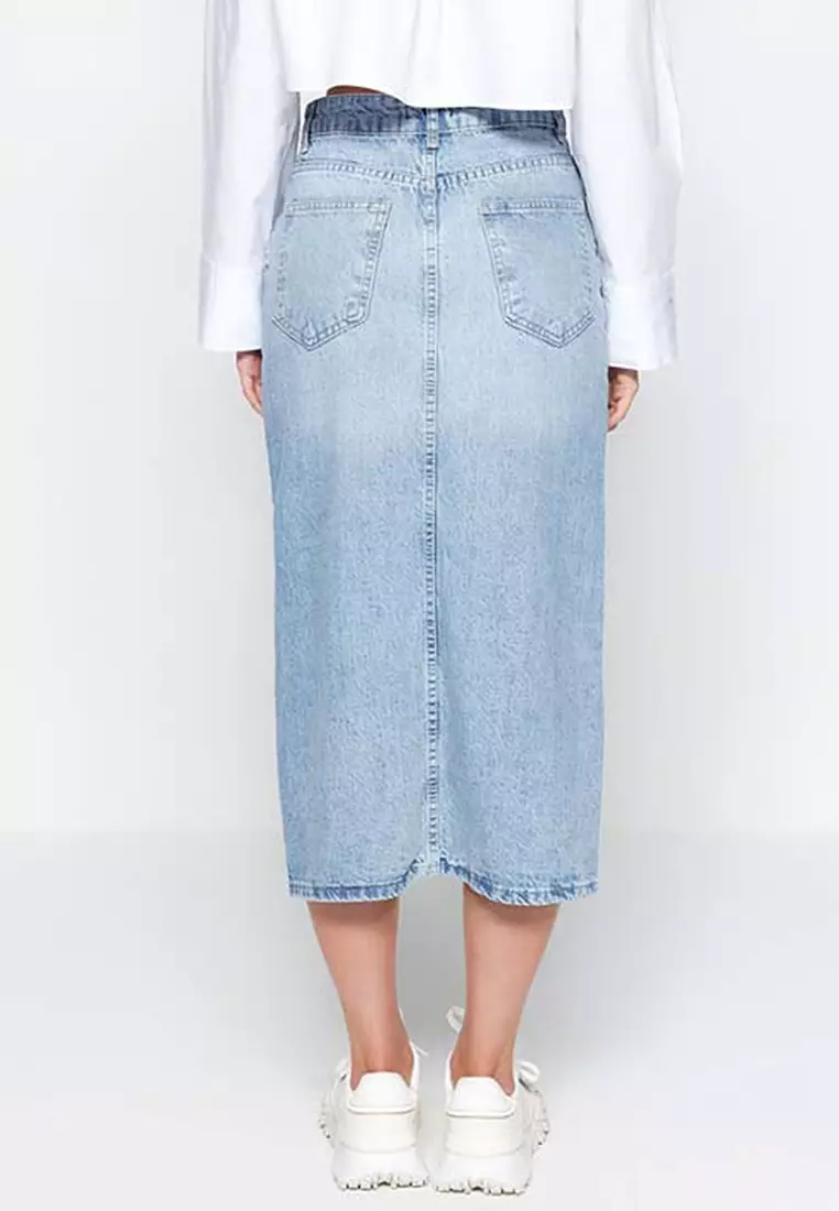 網上選購Trendyol Blue Midi Denim Skirt with Buttons and a Slit