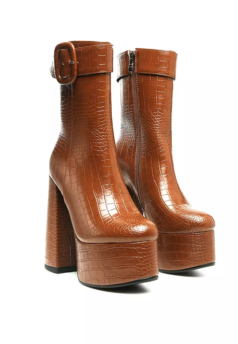 Croc High Block Heeled Chunky Ankle Boots in Tan