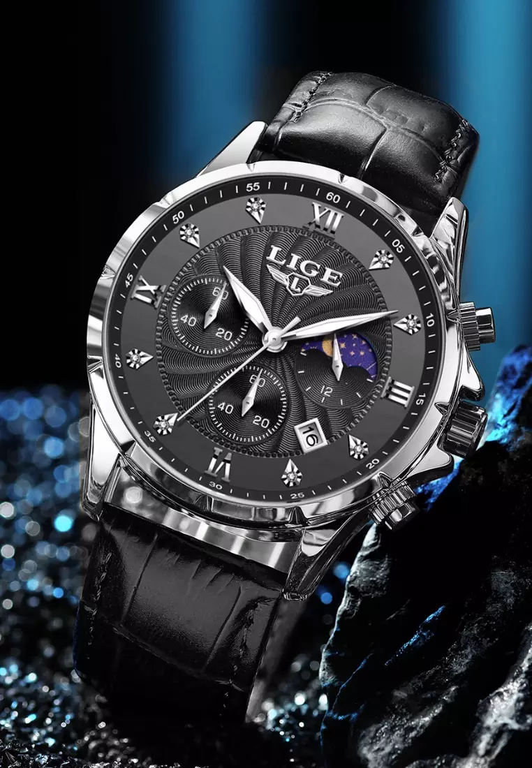 Chronograph Unisex Stainless Steel Quartz Watch, Black dial, Black Leather Strap