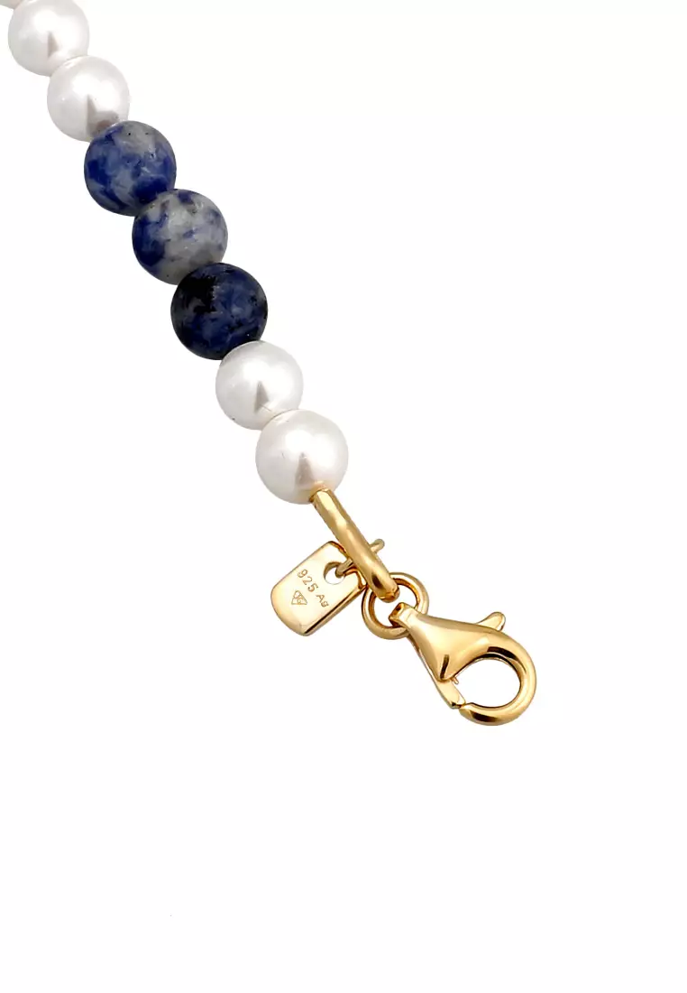 Bracelet Men Ball Agate Blue White Shell Pearls Gold Plated