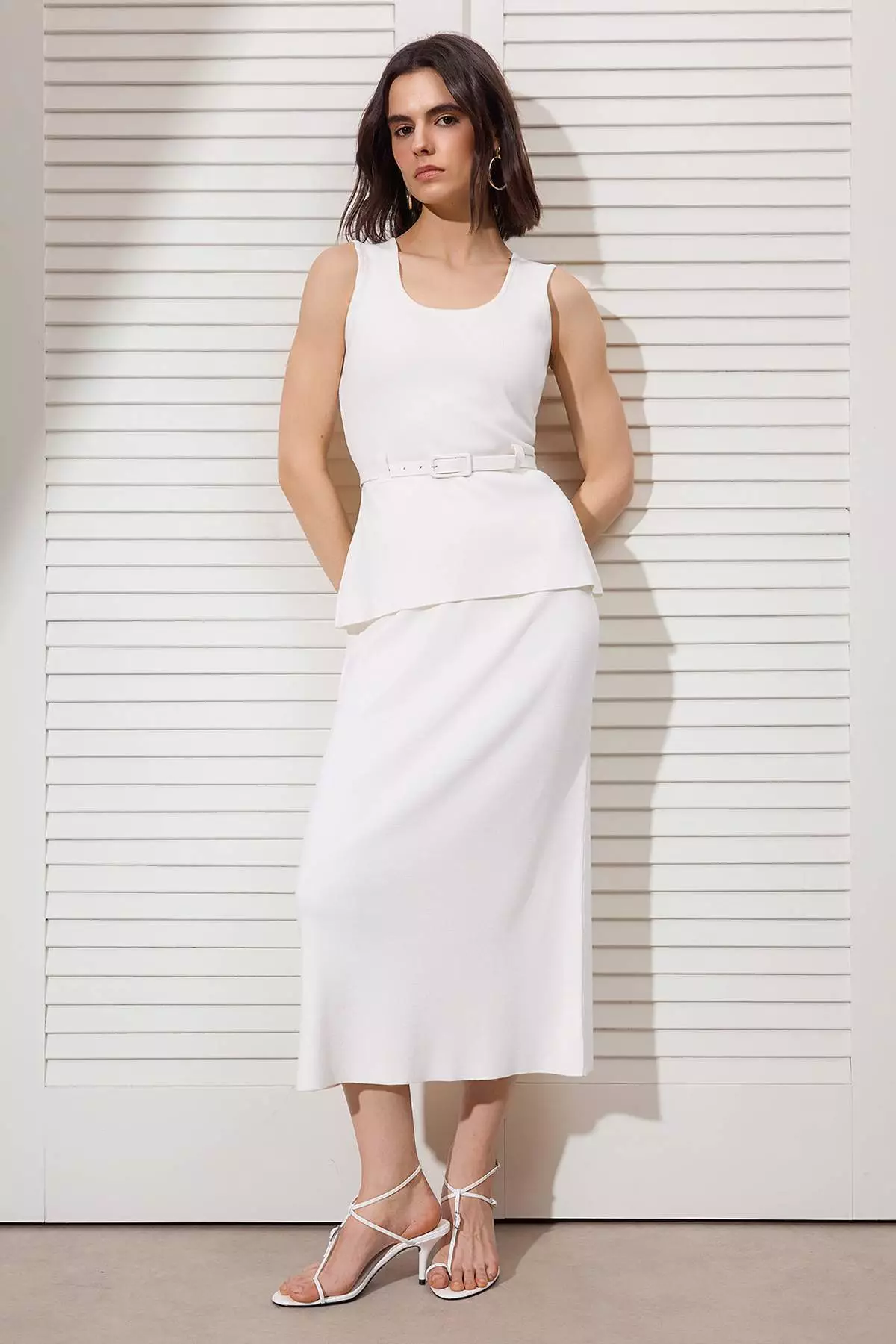 Limited Edition Ecru Pool Collar Body-Hugging 2-Piece Blouse-Skirt Knitwear Set - Top And Bottom Set Twoss26Au49