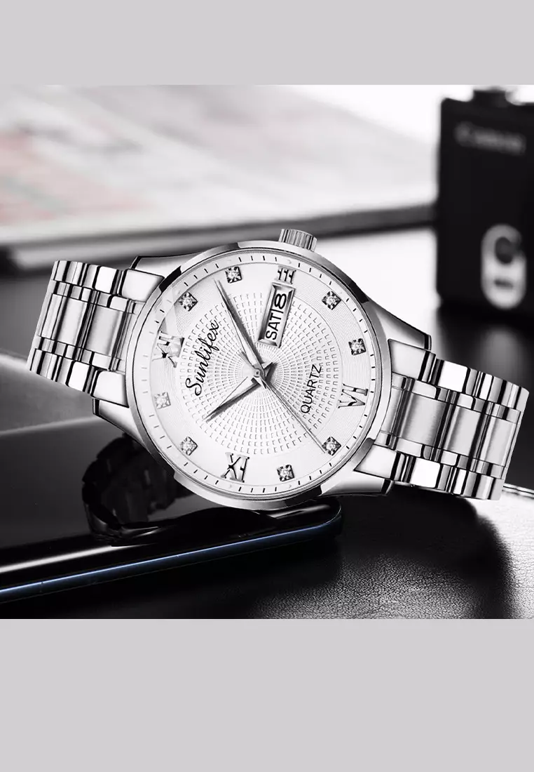 Jam Tangan Pria Original 9011 Anti Air Kuarsa Jam Pria Calendar Tali Stainless Steel Jam Tangan Cowok silver white