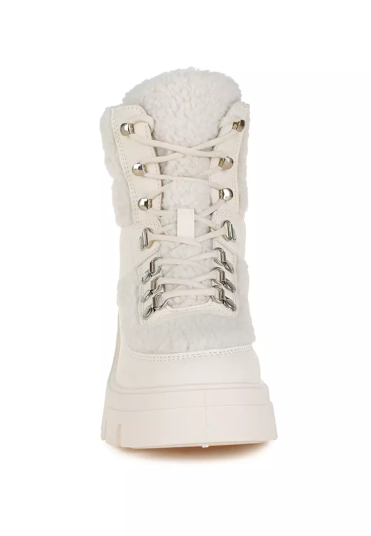 Faux Fur Detail Chunky Hiker Boots in Beige