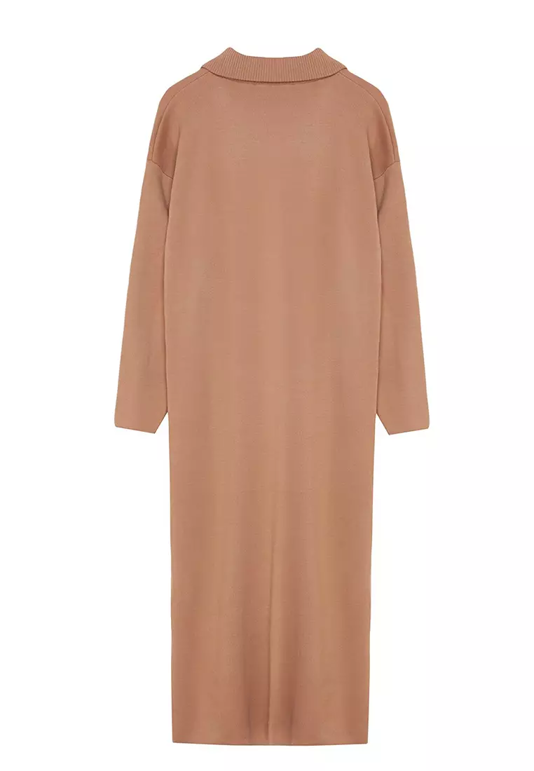 Camel Comfortable Fit Basic Knitwear Dress with Zipper Collar TCTAW25EB00013