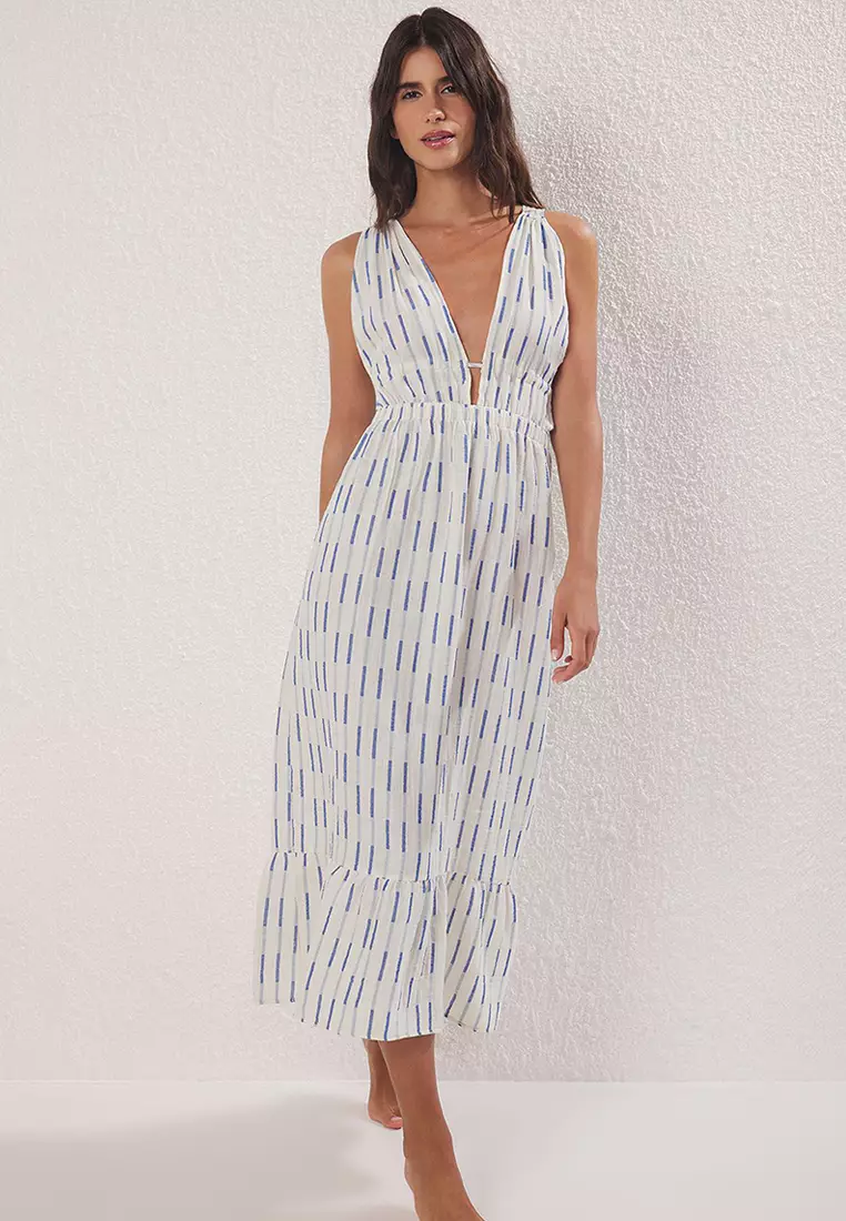 Line Patterned Maxi Woven Beach Dress Tbess25El00108