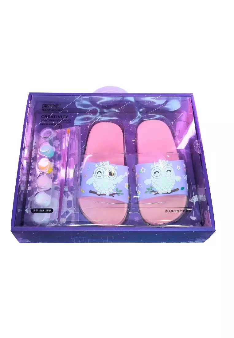 Discount on Golden Ticket Super Savers  shoes - SKU: Diy Painting Slippers For Kids Purple Owl Summer Slippers Slides