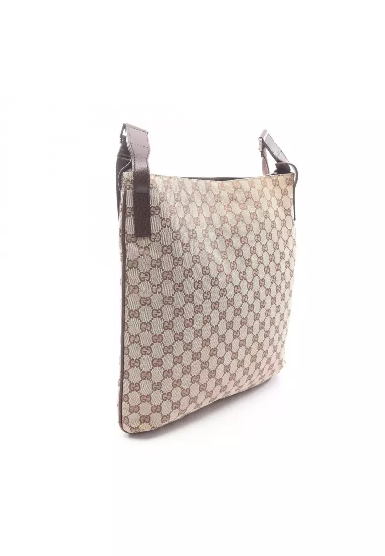 Pre-Loved Gucci GG canvas Shoulder bag canvas leather beige Dark brown