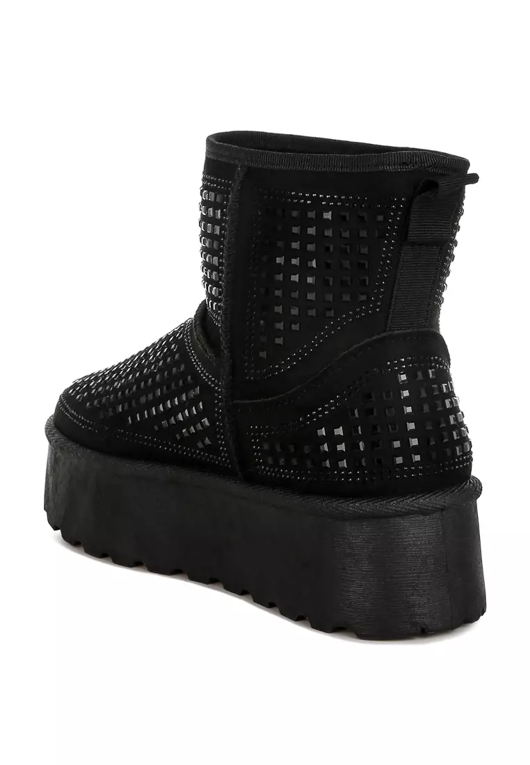 Chunky Rhinestones Ankle Boots in Black