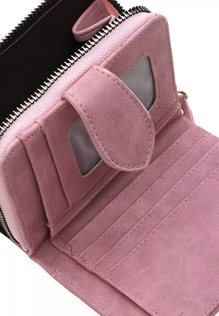 Dompet Lipat Mini Wanita Motif Polos Compartment Cute - Softpink