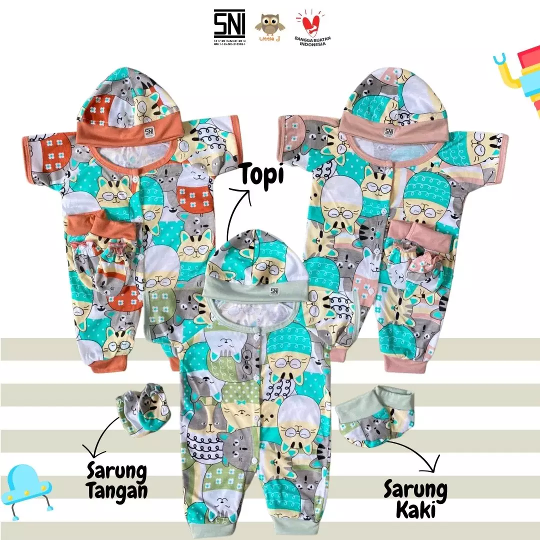 Little J - (1942) Romper Bayi Set Lengkap 4 in 1 Motif Eeg | Baju Bayi Lengan Pendek + Topi + Sarung Tangan & Kaki