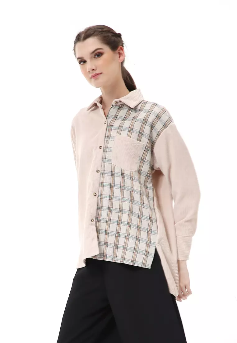 Brielle Atasan Wanita Kemeja Lengan Panjang Kombinasi Model Material Coduroy Polyester ORIGINAL - Apricot