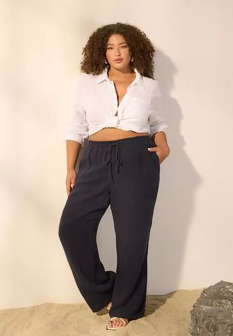 Navy Blue 100% Linen Woven Plus Size Wide Leg Trousers TBBSS25AR00043
