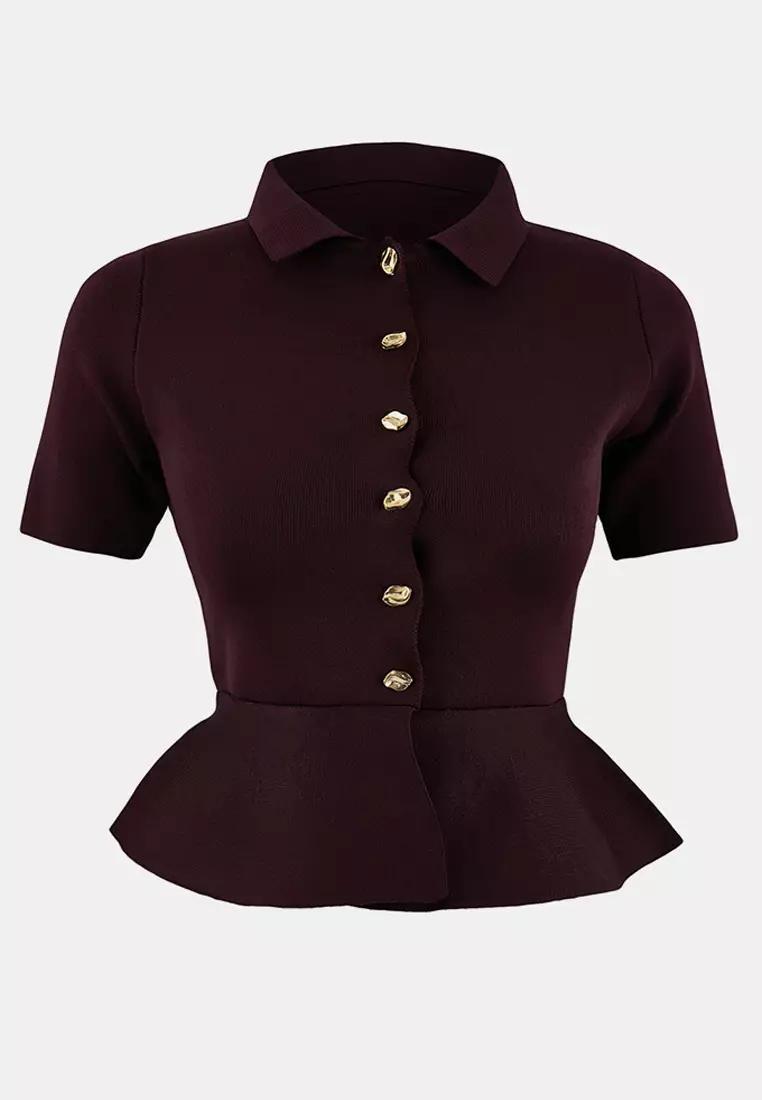 Plum Peplum/Waist Fitted Button Detailed Knitwear Blouse Twoss26Bz158