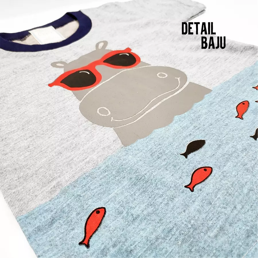 Wakakids Baju Bayi Anak Laki Laki Setelan Celana Kaos Usia 6 Bulan Hingga 12 Bulan Motif Hippo 3313 Navy